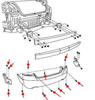 the scheme of fastening of the rear bumper Nissan Altima L32 (D32) (2006-2013)